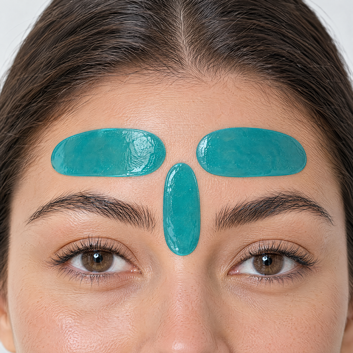 Oval peptide face tape patches on forehead lines and between the brows