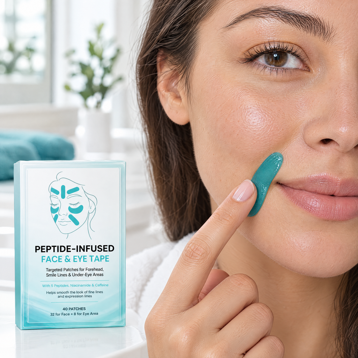 Applying a peptide face tape patch along the smile line