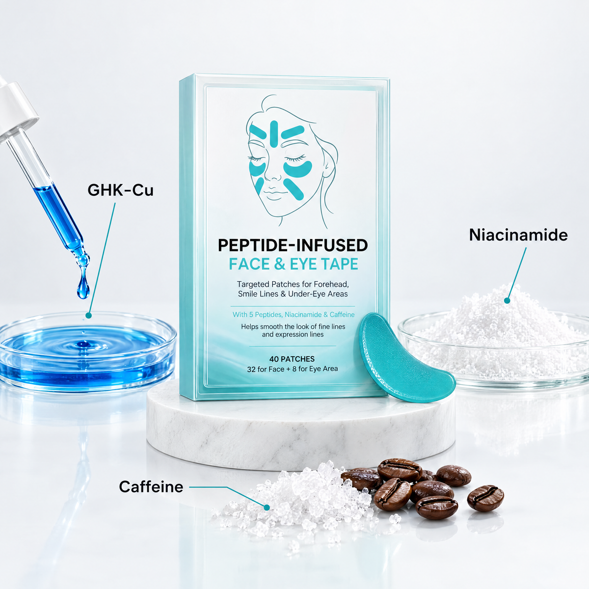 Peptide-Infused Face & Eye Tape box with GHK-Cu, niacinamide and caffeine ingredients